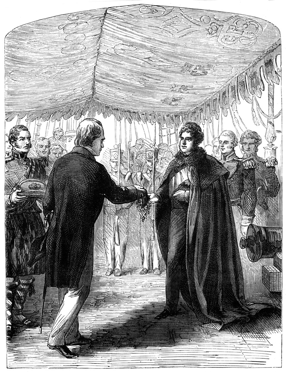 Sir Walter Scott luovuttaa Pyhän Andreaksen ristin kuningas Yrjö IV:lle, 1822 tekijältä Unbekannt