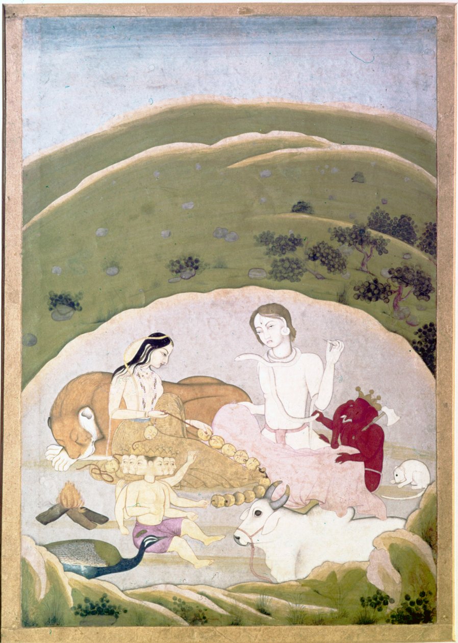 Siva ja Parvati lastensa kanssa, Ganesh ja Karttikgya Kailash-vuorella, c1745 tekijältä Unbekannt