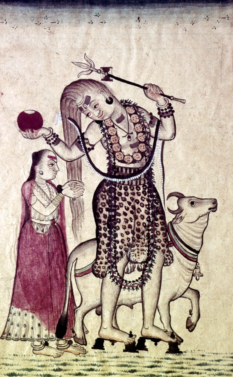 Siva, seguit de la seva consort Parvati, caminant amb el toro, Nandi, c1730. finlandès tekijältä Unbekannt