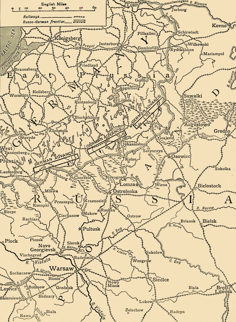 Luonnoskartta havainnollistamaan Saksan hyökkäystä Varsovan pohjoispuolella helmikuussa 1915, vuonna 1920. tekijältä Unbekannt