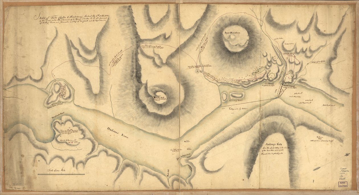 Luonnos Forts Clinton & Montgomery, ryntäsi 6. lokakuuta. 1777 joukkojen toimesta Sir Henry Clintonin, K.B.:n, H. Maj.-joukkojen kenraaliluutnantin ja New Yorkin ja sen riippuvuusalueiden komentajan alaisina. tekijältä Unbekannt