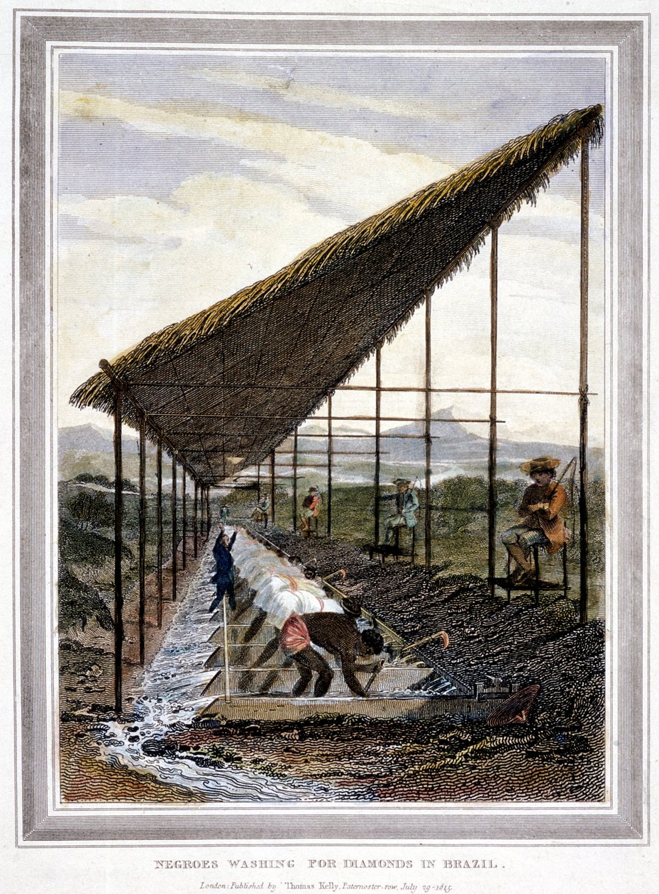 Orjat pesevät timantteja valvojien valvomana piiskalla, Brasilia, 1815 tekijältä Unbekannt
