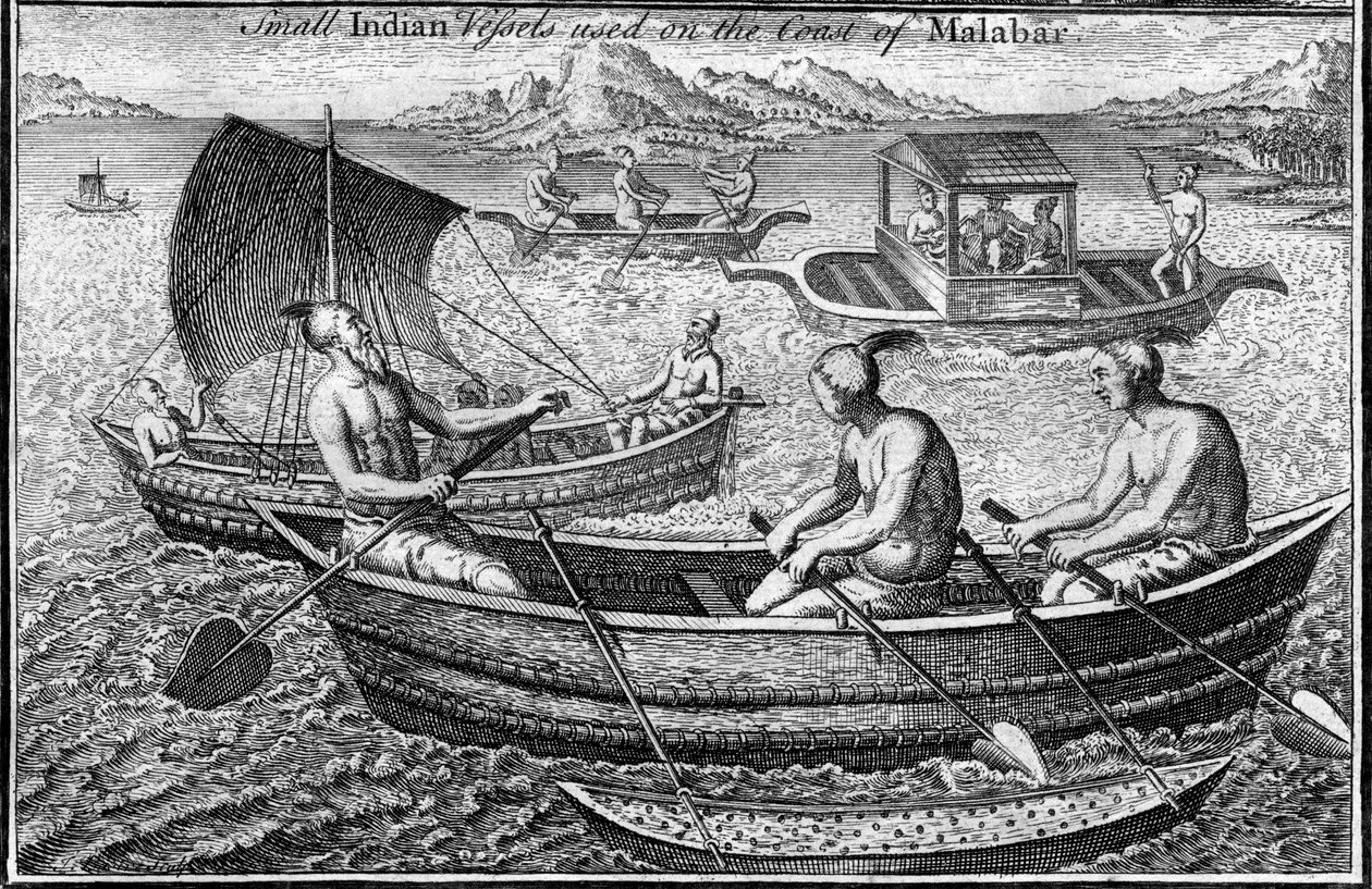 Pieni alus, jota käytettiin Malabar Cochinin rannikolla Intiassa, 1700-luvulla tekijältä Unbekannt
