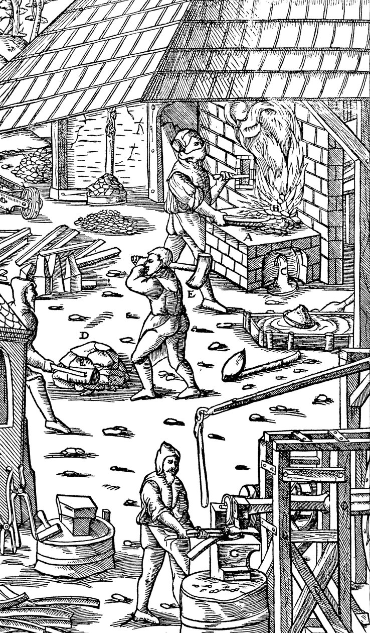 Raudan sulatus ja vasaratangot mekaanisella vasaralla, 1556 tekijältä Unbekannt