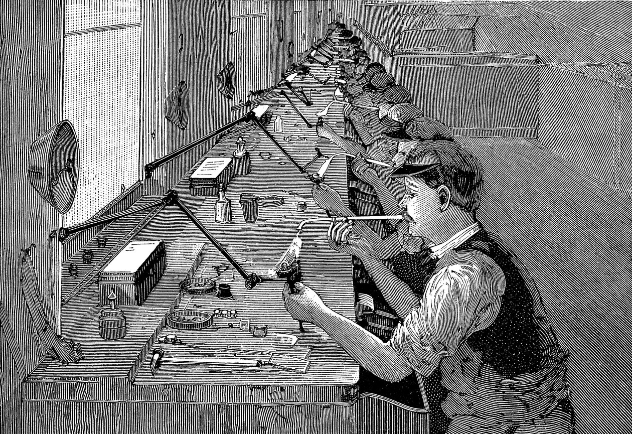 Polkupyörän osien juottaminen amerikkalaisessa tehtaassa, c1900 tekijältä Unbekannt