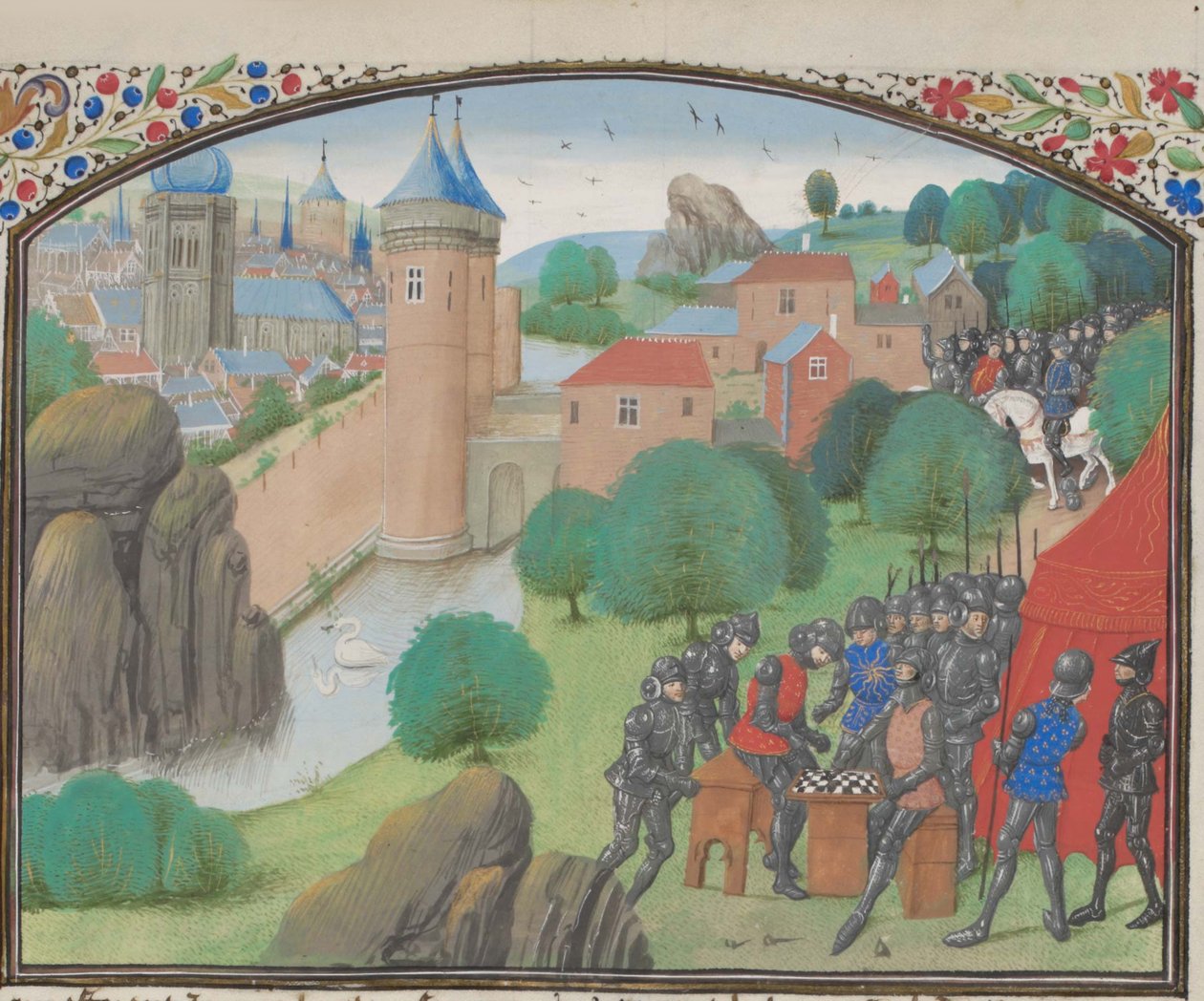 Sotilaat pelaavat noppaa Kesarean kaupungin edessä. Vilhelmin Tyroksen pienoismalli Historiasta, 1460-luku tekijältä Unbekannt