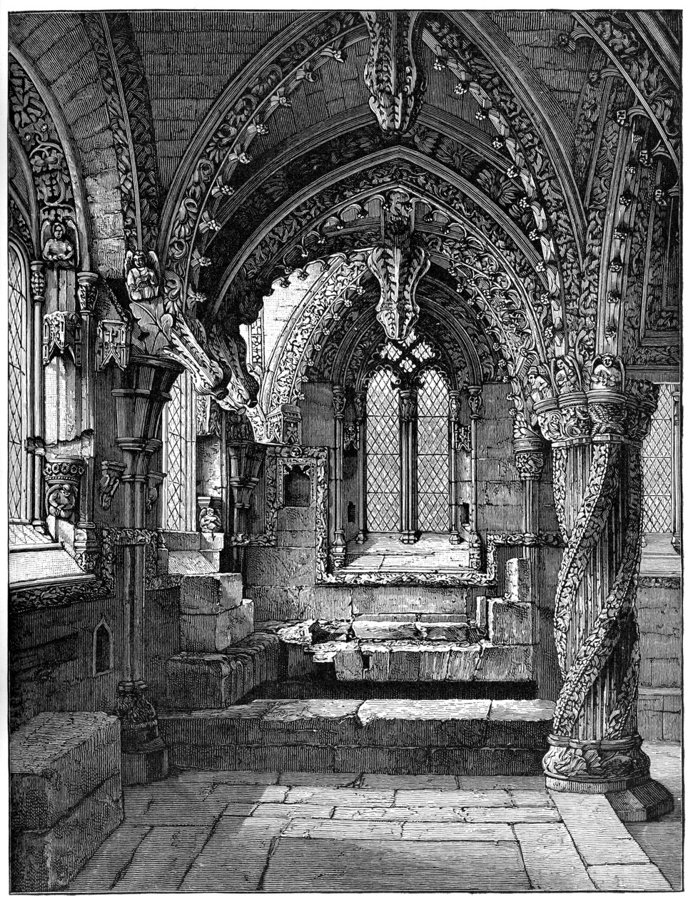 Lady Chapelin kaakkoiskulma, Rosslyn Chapel, Skotlanti, 1893 tekijältä Unbekannt