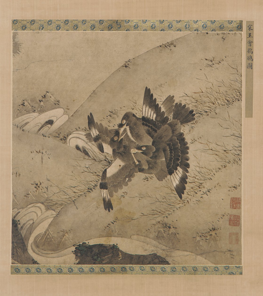 Mynas kiistelee puron yllä, Ming-dynastia, 1400-1500-luku. tekijältä Unbekannt