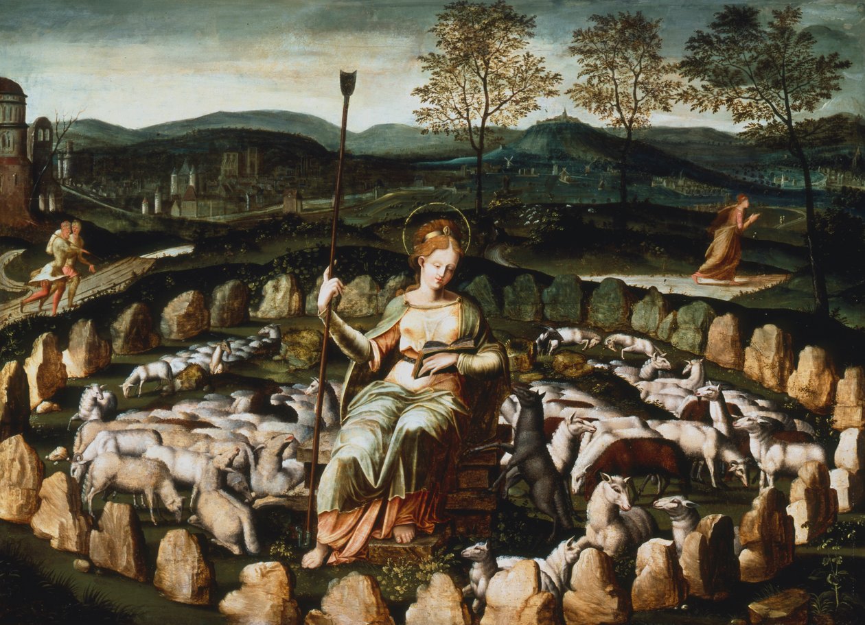 St Genevieve gardant ses moutons St Genevieve katsomassa laumaansa 1500-luvulla tekijältä Unbekannt