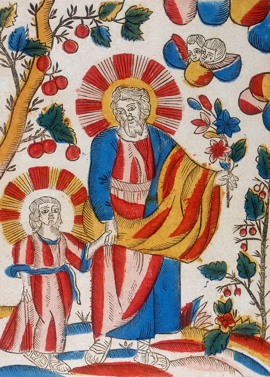 Pyhä Joosef ja Jeesus, hänen poikansa, kävelevät käsi kädessä, 1700-luku tekijältä Unbekannt