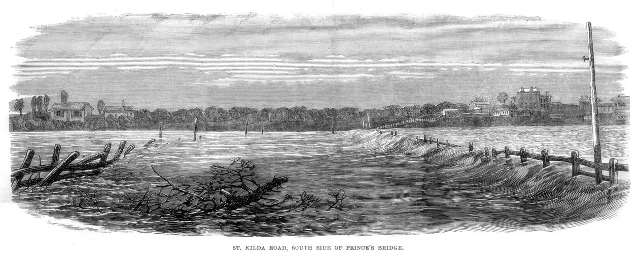 St Kilda Road, Princes Bridgen eteläpuoli - Tulvat Melbournessa, Australiassa, 1864 tekijältä Unbekannt