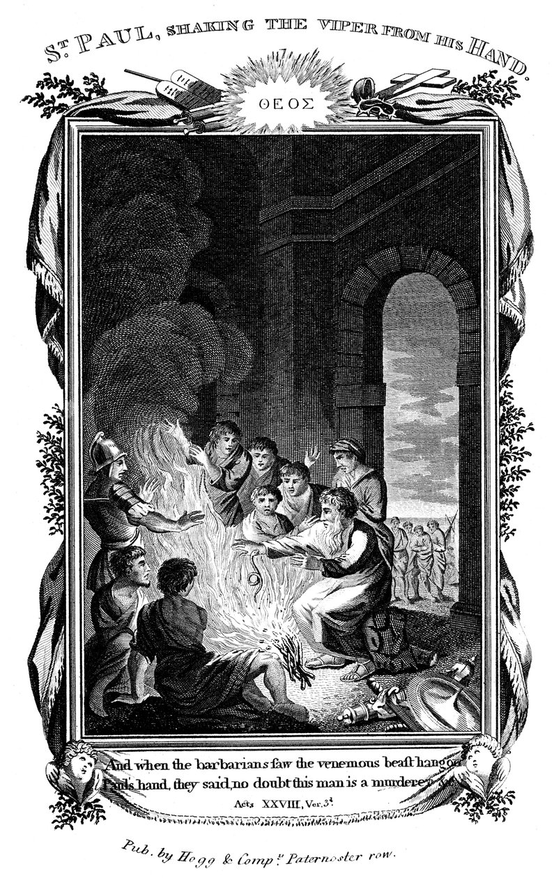 Pyhä apostoli Paavali pudistaa kyykäärmettä kädessään, 1808 tekijältä Unbekannt