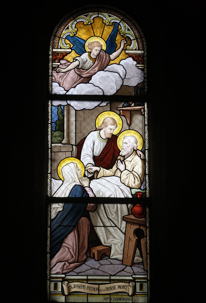 Lasimaalaus Notre Dame du Rosairen katolisessa kirkossa: Saint Joseph, kuoleman suojeluspyhimys, Saint-Ouen, Ranska tekijältä Unbekannt