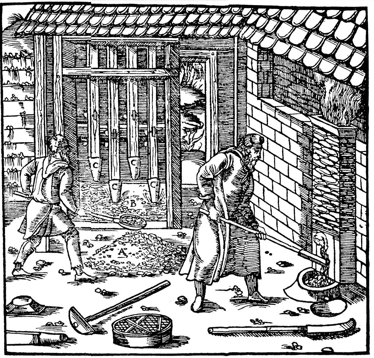 Malmin leimaaminen ja paahtaminen metallin uuttamiseksi, 1556 tekijältä Unbekannt