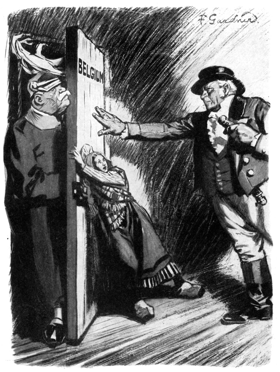 Stand Back!, John Bull auttaa pientä Belgiaa estämään saksalaisen hyökkääjän, Ensimmäinen maailmansota, 1914 tekijältä Unbekannt