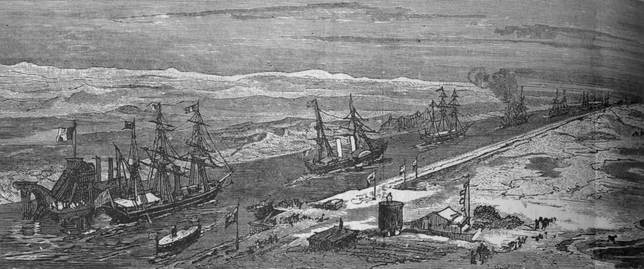 Suezin kanavan läpi kulkevat höyrylaivat, c1882 tekijältä Unbekannt