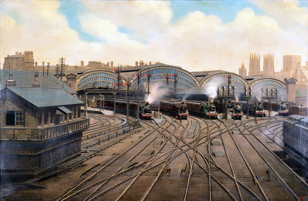 Höyryveturit Yorkin asemalla, Yorkshire, n. 1910 tekijältä Unbekannt