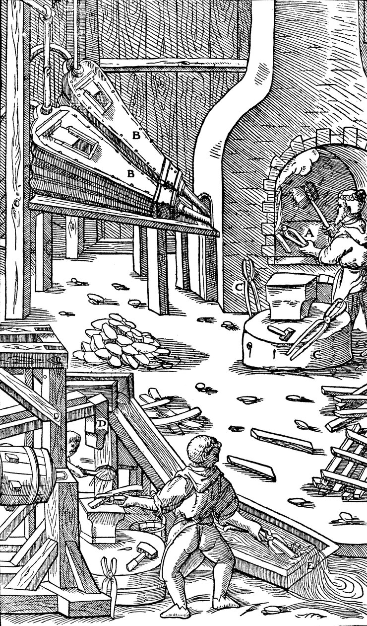 Terästuotanto: takomo, jossa on palkeet vetoa varten, 1556 tekijältä Unbekannt