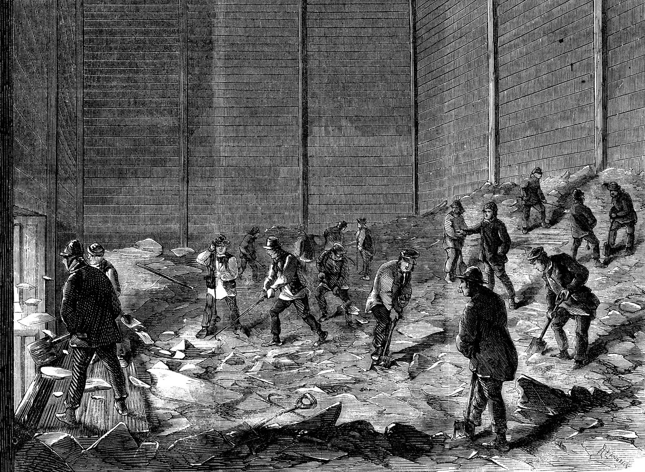 Jään varastointi eristetyissä vajoissa Charless Ice Storessa, Chelsea, Lontoo, 1861 tekijältä Unbekannt