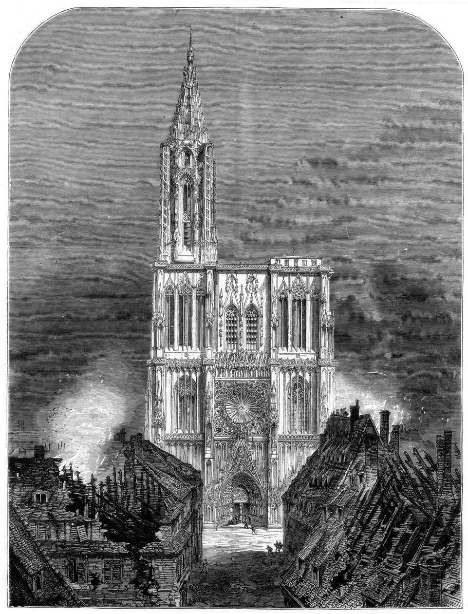 Strasbourgin katedraali kaupungin viimeisen pommituksen aikana, Ranskan ja Preussin sodassa, 1870 tekijältä Unbekannt