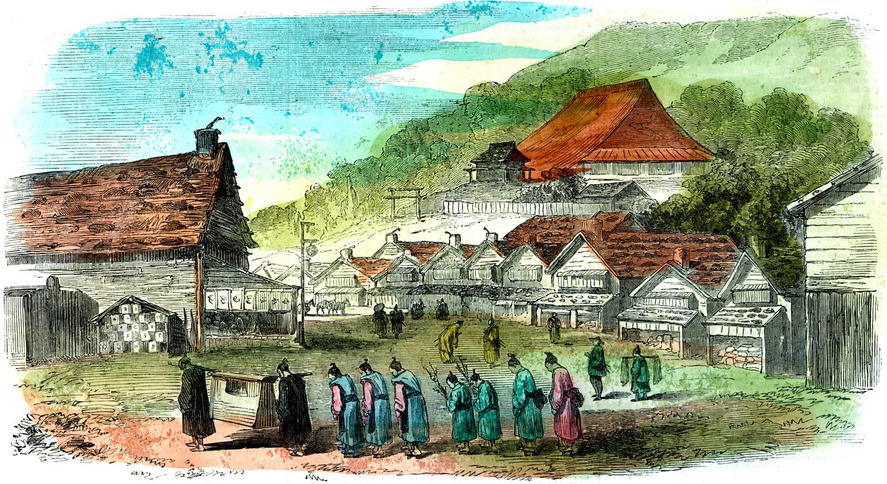 Hakodaten katu ja hautajaiskulkue, Japani, 1856 tekijältä Unbekannt