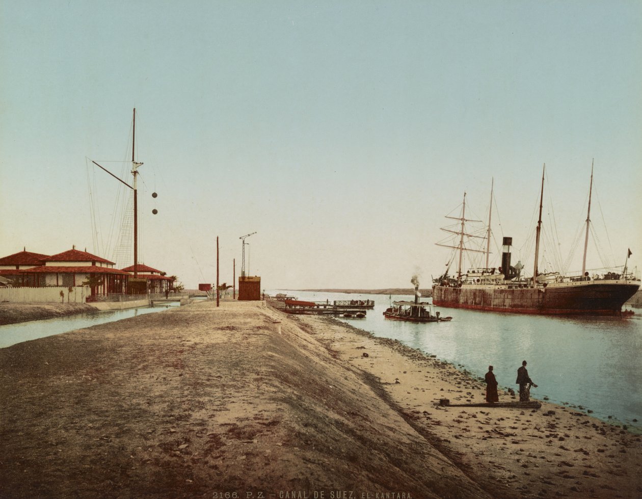 Suezin kanava El Qantarassa, n. 1900 (värivalokromi) tekijältä Unbekannt
