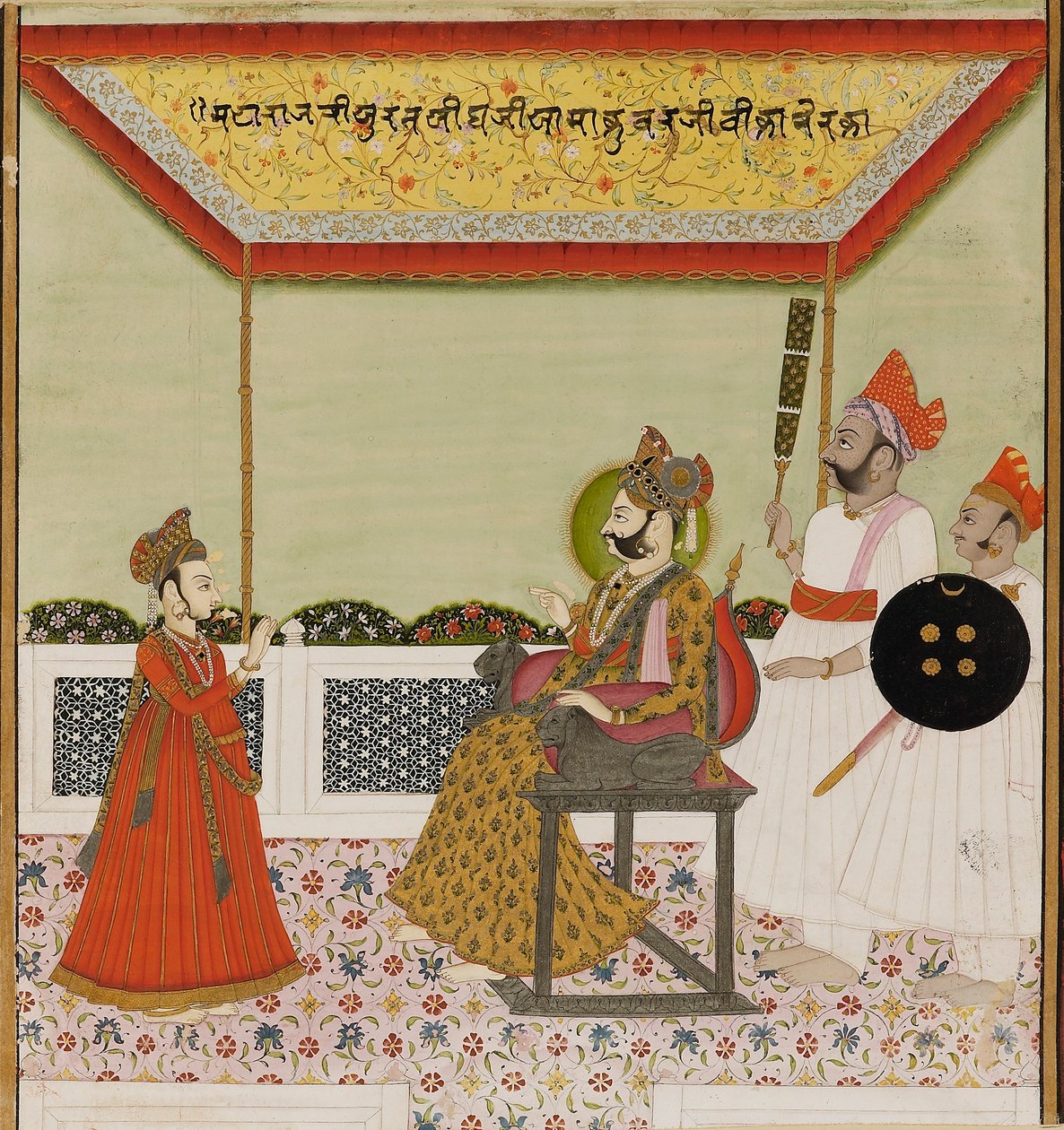 Surat Singh istuu leijonakätisellä valtaistuimella ja ottaa vastaan nuoren poikansa, c1800 tekijältä Unbekannt