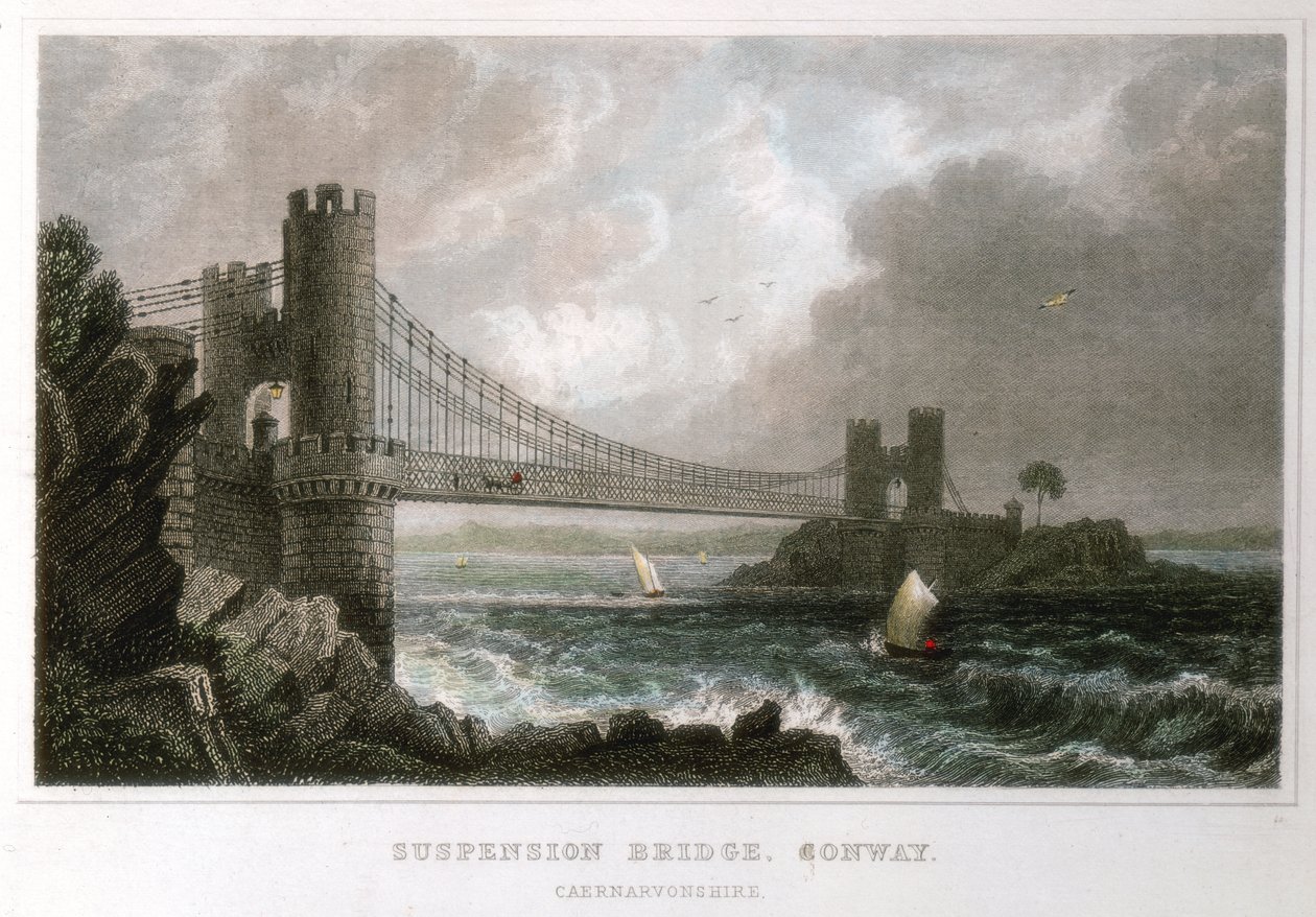 Riippusilta Conwyn suiston yli, Wales, c1840 tekijältä Unbekannt