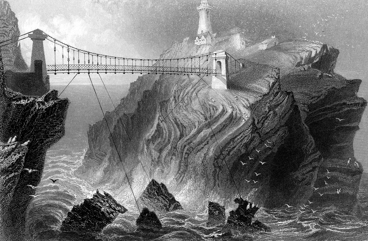 Riippusilta South Stackin majakkaan lähellä Holyheadia Walesissa, n. 1860 tekijältä Unbekannt