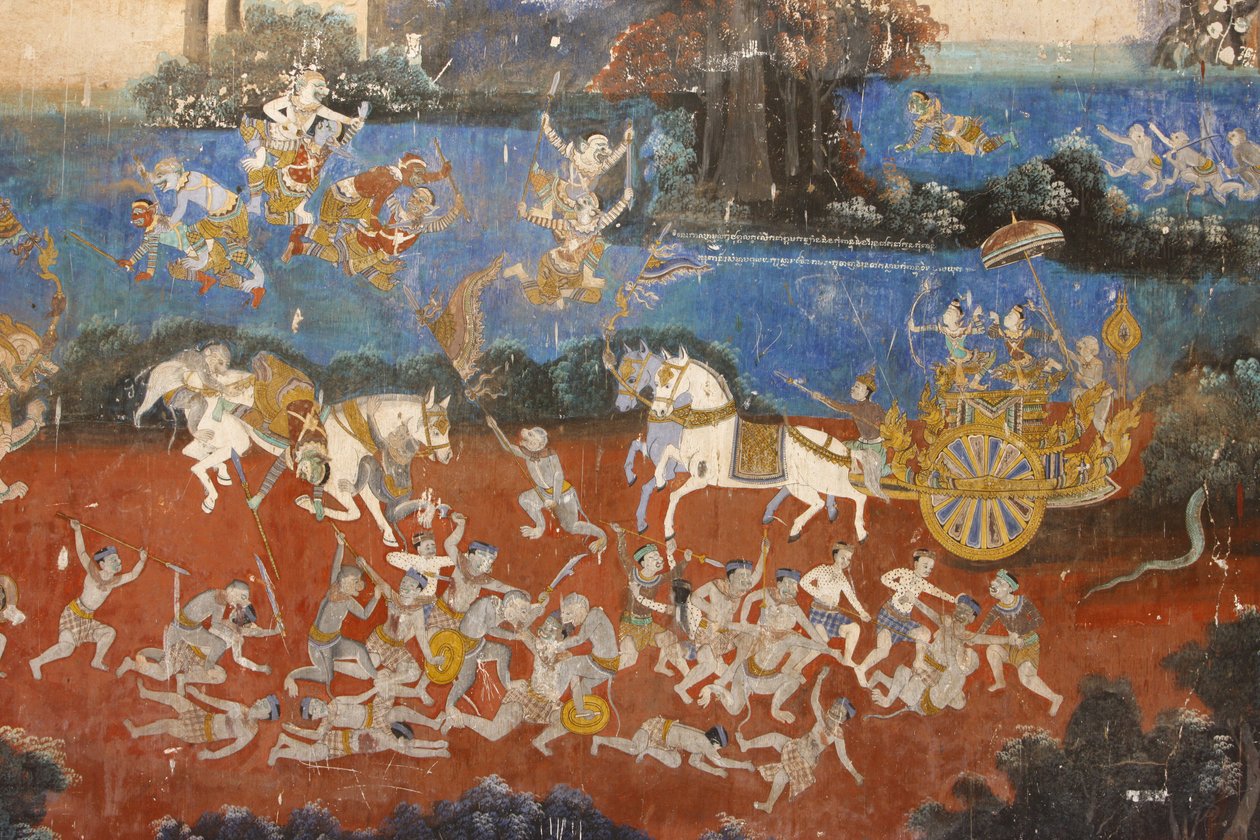 Sylver PagodaTämä seinämaalaus kuvaa kohtauksia Reamkerista, joka on kambodžalainen tai khmerilainen versio klassisesta hindurunouksesta Ramayana, Phnom Penh, Kambodža. tekijältä Unbekannt