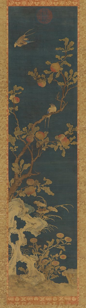 Kuvakudos: linnut, persikkapuu, kiviä ja kukkia sinisellä pohjalla, Qing-dynastia, 1644-1911. tekijältä Unbekannt