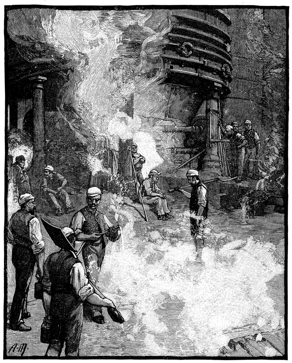 Masuunin valuminen ja raudan valu sioihin, Siemensin rauta- ja terästehdas, Wales, 1885 tekijältä Unbekannt