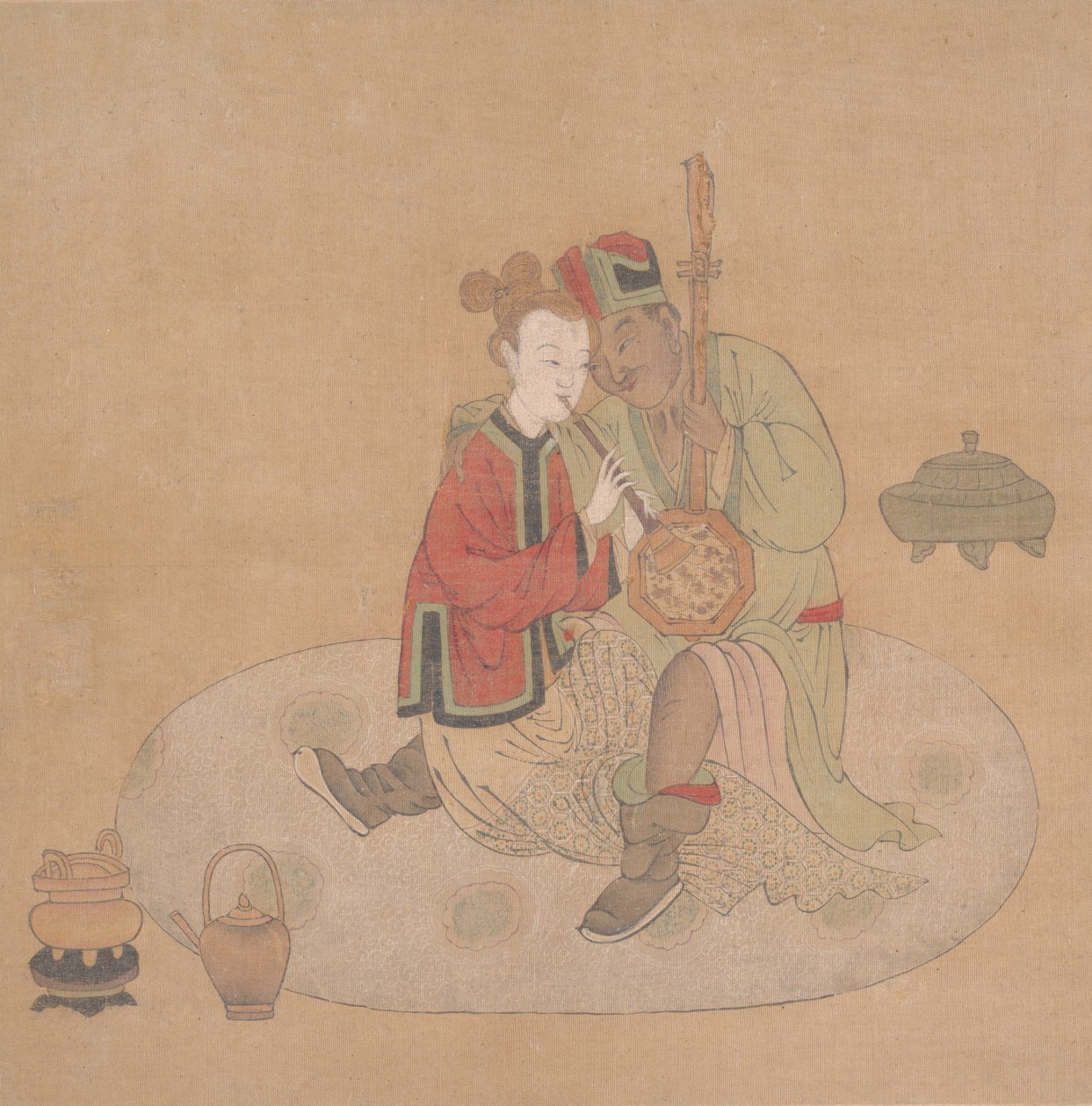 Tatari upseeri blondin naisen kanssa soittimia soittamassa, 1800-luku. tekijältä Unbekannt