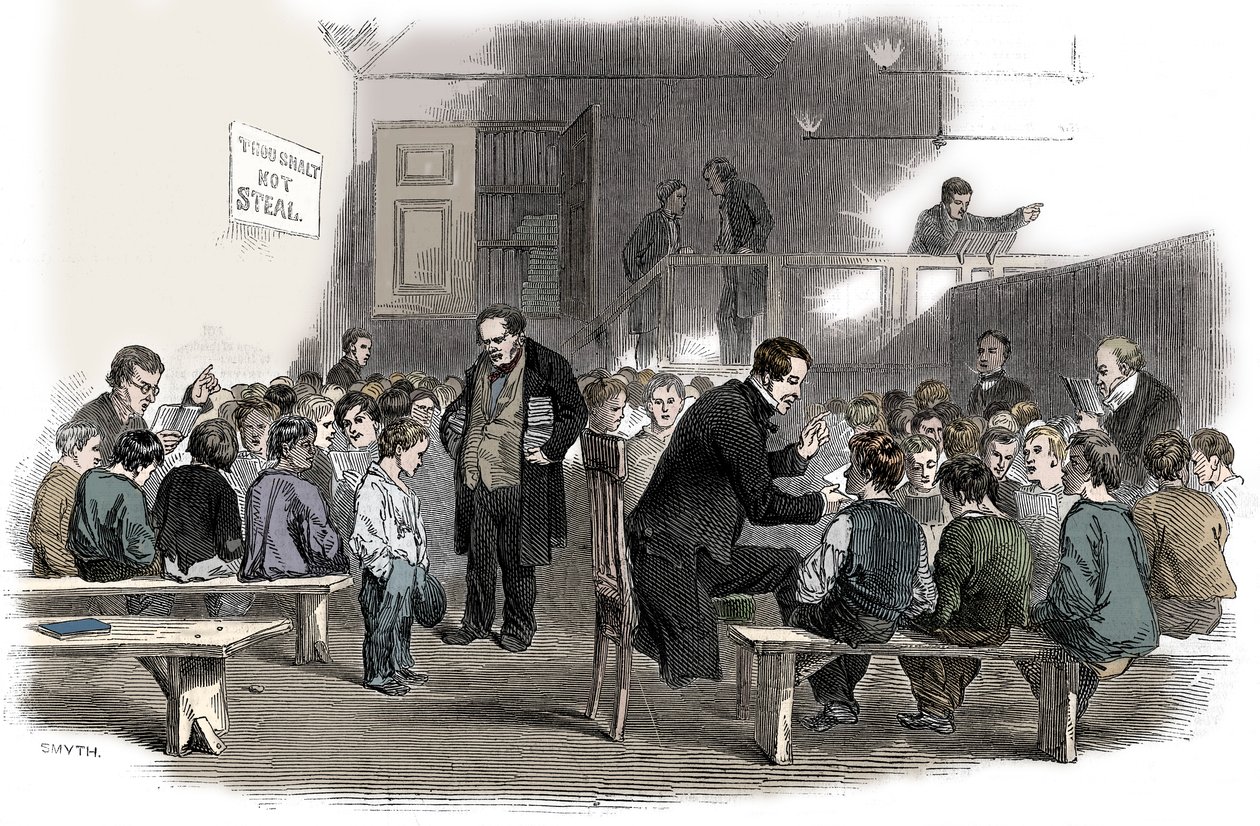 Opettaa poikia lukemaan Ragged School Union -koulussa, Lambeth, Lontoo, 1868 tekijältä Unbekannt
