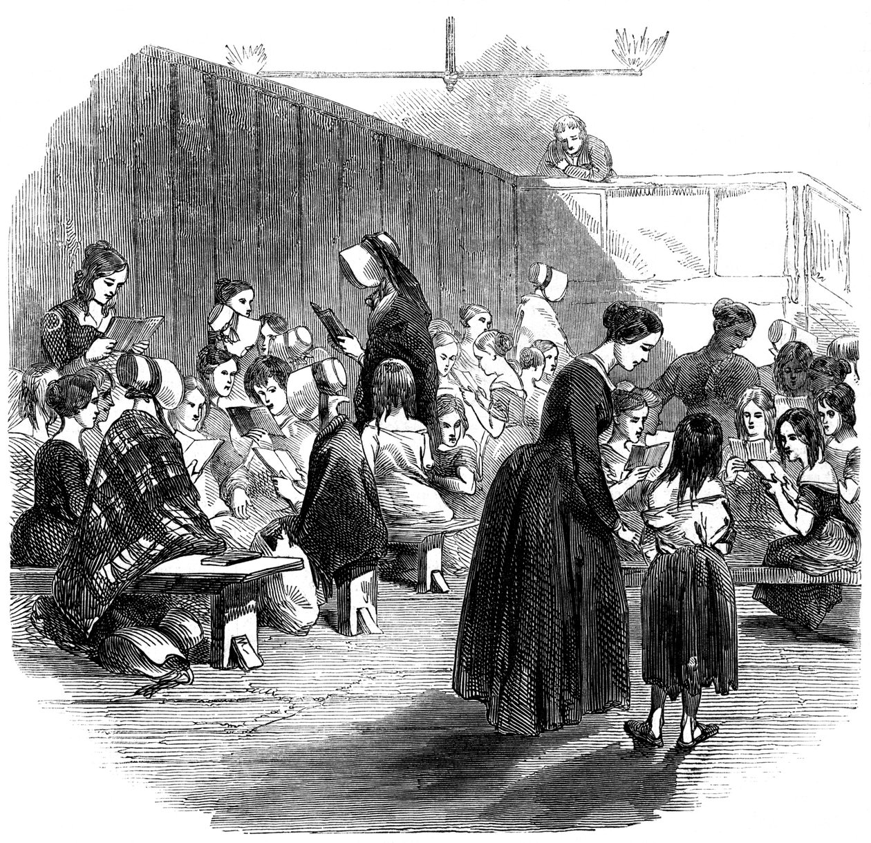 Opettaa tyttöjä lukemaan Ragged School Union -koulussa, Lambeth, Lontoo, 1868 tekijältä Unbekannt