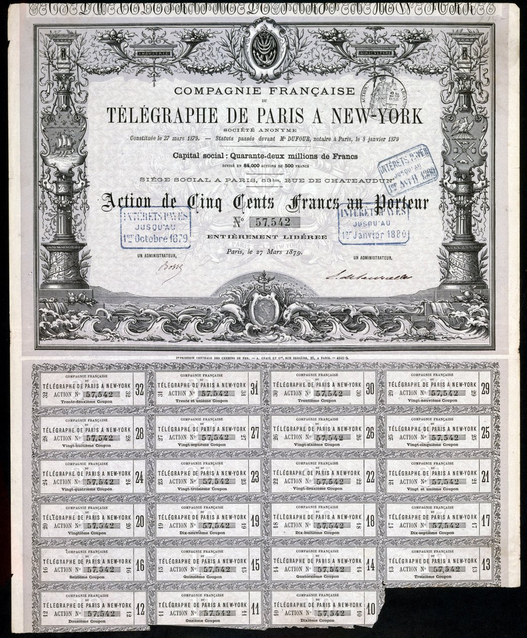 Telegraphy, General Paris-New York Telegraphin osaketodistus, 27. maaliskuuta 1879 tekijältä Unbekannt