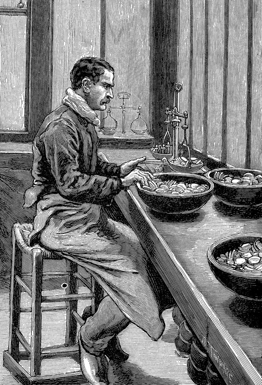 Kultapalojen painon testaus, Pariisin rahapaja, 1892 tekijältä Unbekannt