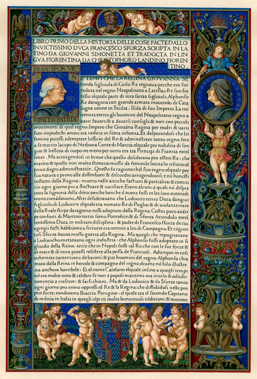 Tekstisivu Francesco Sforzan muotokuvilla, 1490 tekijältä Unbekannt