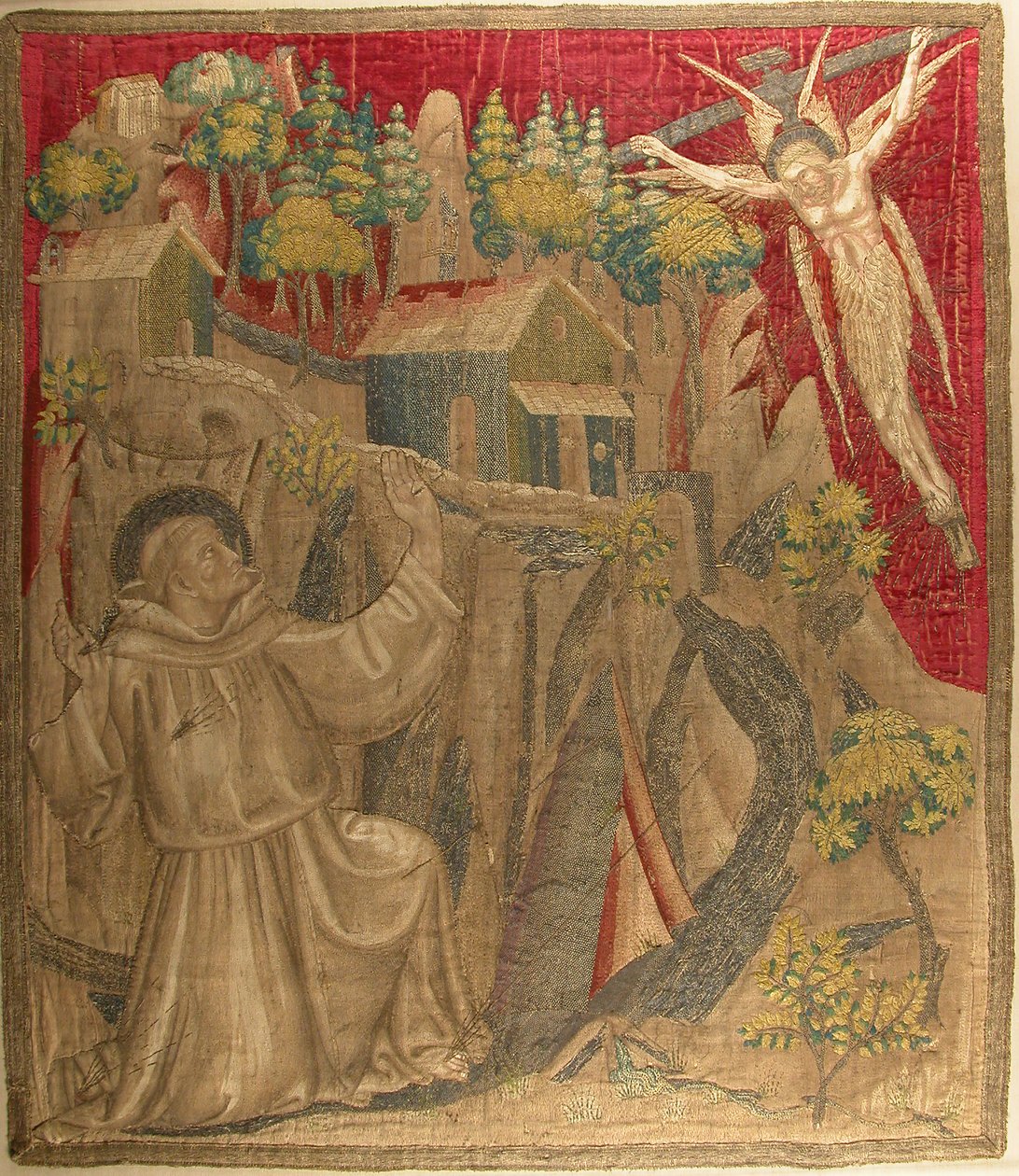 Tekstiili, jossa Saint Francis vastaanottaa Stigmata, italia, 1300-luvun loppu. tekijältä Unbekannt