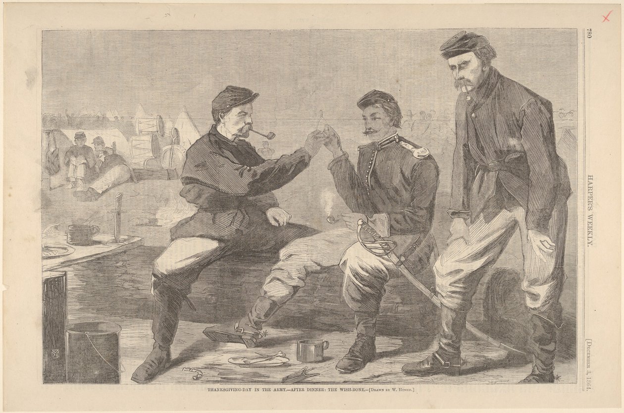 Kiitospäivä armeijassa - Illallisen jälkeen: The Wish-Bone Harpers Weekly, V..., 3. joulukuuta 1864. tekijältä Unbekannt