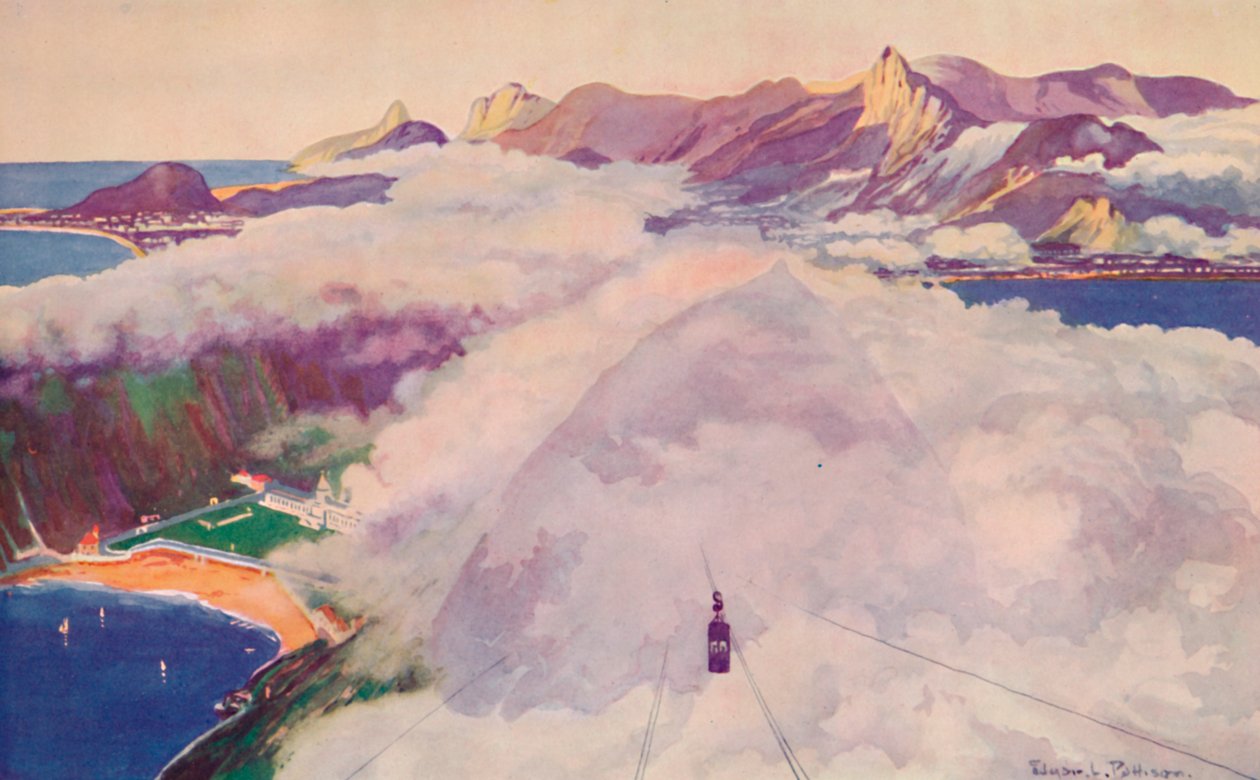 Aerial Ropeway Car laskeutumassa Sokeritoppavuorelta, 1914. tekijältä Unbekannt