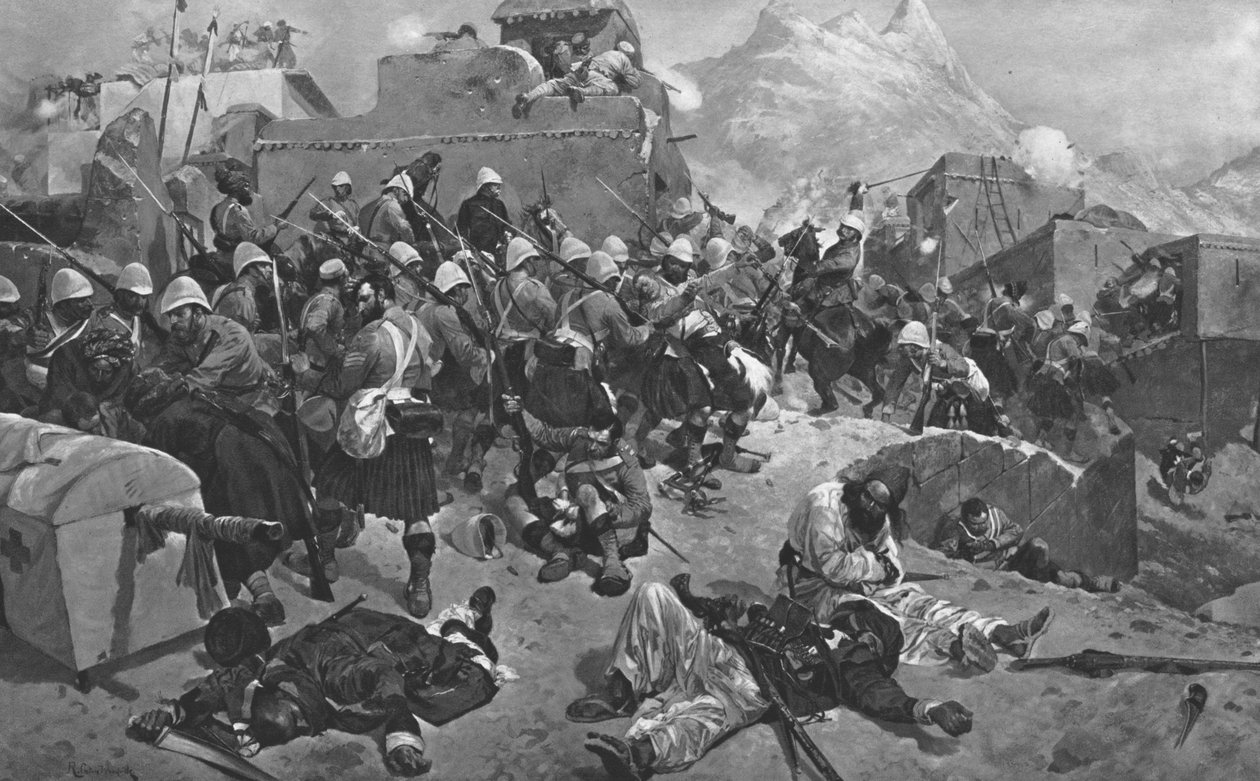 Afganistanin sota, 1878-80: 91. ylämaalaiset ja 2. gurkat hyökkäsivät Gandia Mullahiin, 1901. tekijältä Unbekannt