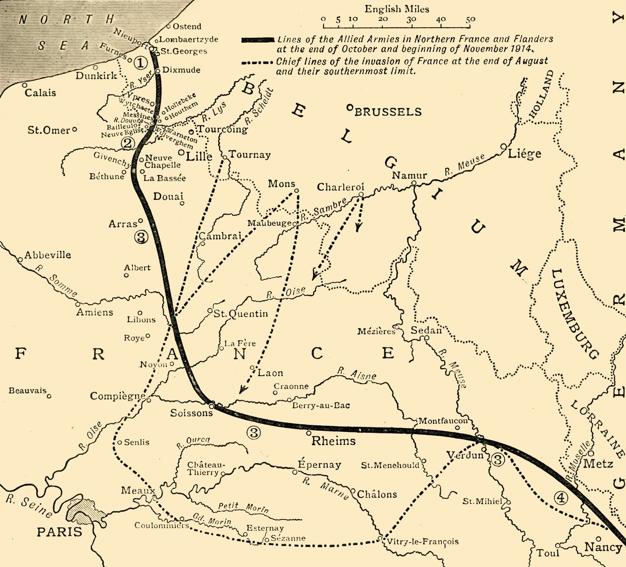 Liittoutuneiden armeijat Ranskassa ja Flanderissa, ensimmäinen maailmansota, 1914, c1920. tekijältä Unbekannt