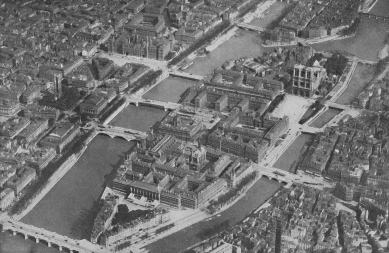 Muinainen Pariisin saaren sydän yhdeksän sillan kanssa ilmasta nähtynä, vuodelta 1935 tekijältä Unbekannt