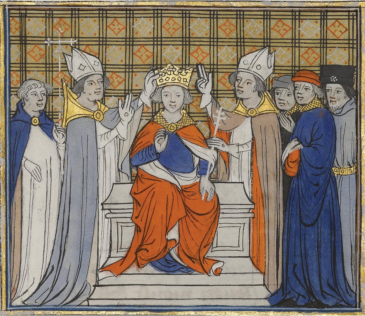 Ludvig IV:n voitelu ja kruunaus Laonissa, 19. kesäkuuta 936. Grandes Chroniques de Francesta, 15. tekijältä Unbekannt