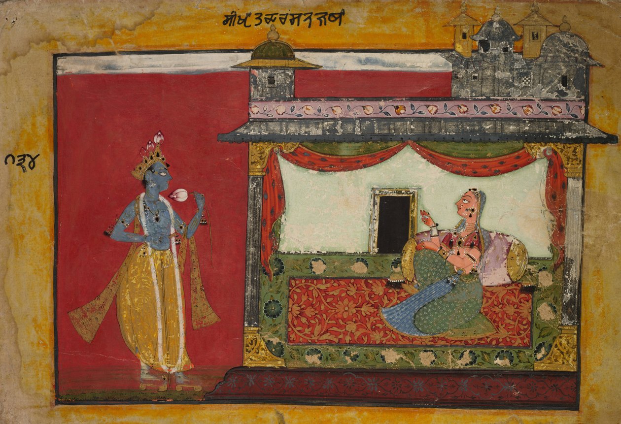 Krishnan lähestymistapa. Sivu Rasamanjari, n. 1660-1670. tekijältä Unbekannt