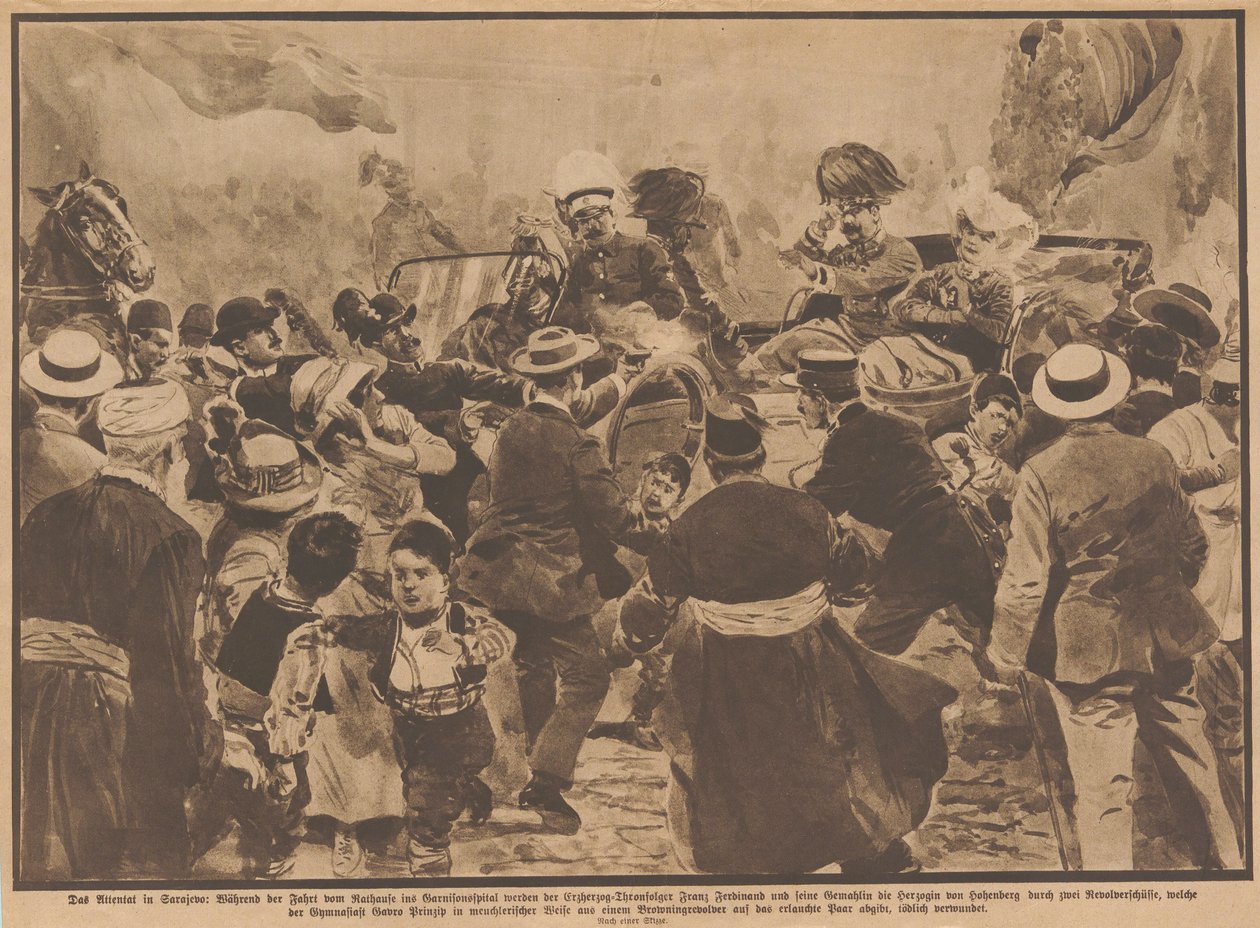Itävallan arkkiherttua Franz Ferdinandin ja hänen vaimonsa salamurha Sarajevossa 28. kesäkuuta 1914. tekijältä Unbekannt