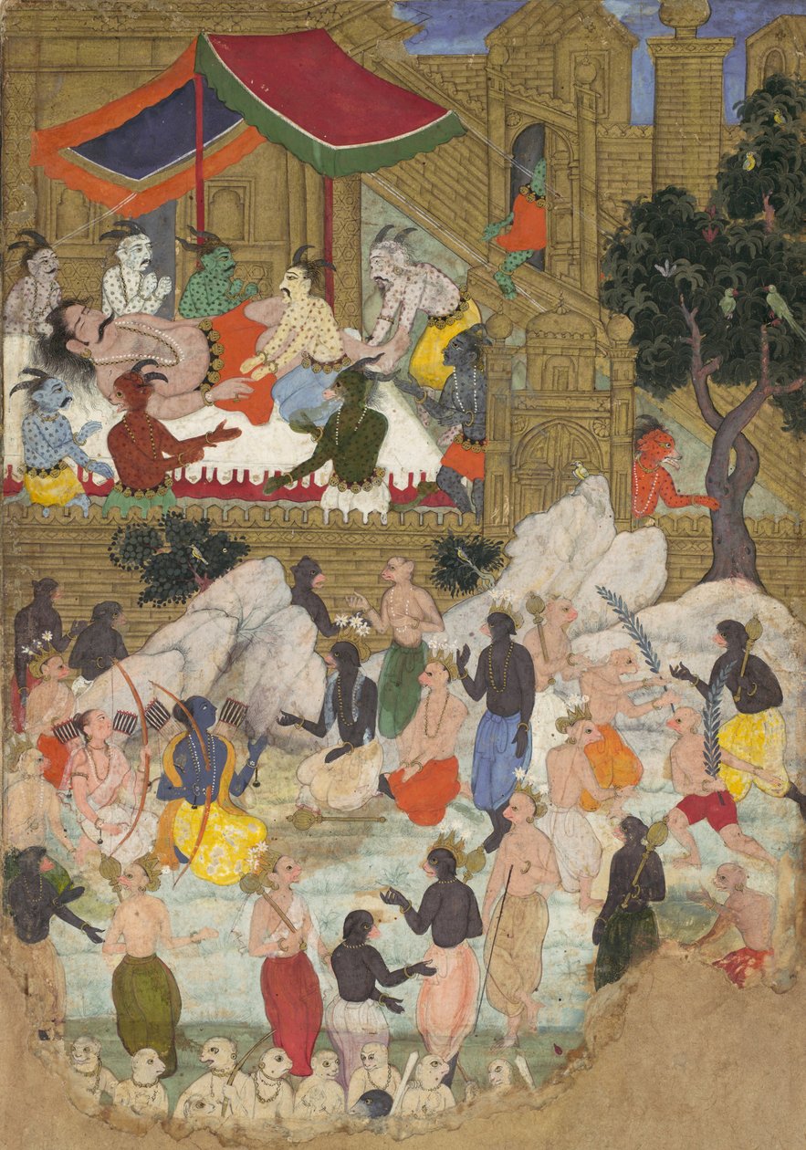 Kumbhakarnan herääminen Lankan kultaisessa kaupungissa, Folio Ramayanasta, n. 1605. tekijältä Unbekannt