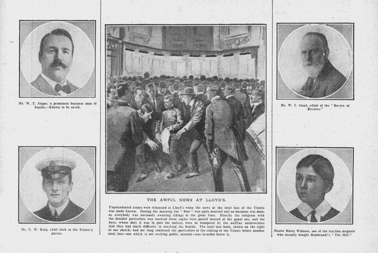 The Awful News Lloydsissa, joissa on muotokuvia joistakin Titanicin kyydissä olevista, 20. huhtikuuta 1912. tekijältä Unbekannt