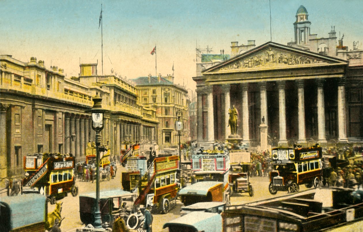 The Bank of England ja Royal Exchange, Lontoo, vuonna 1910. tekijältä Unbekannt